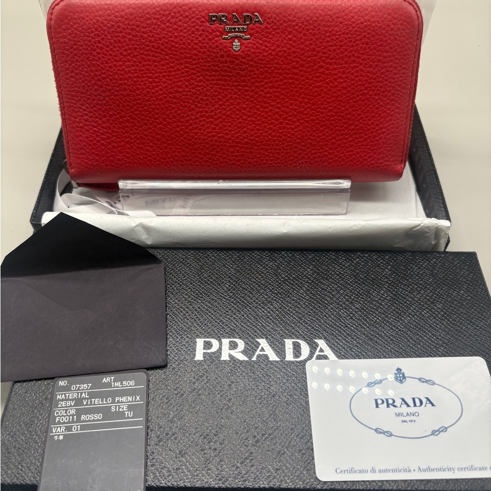 Prada Vitello Phenix Zip Around Wallet Rosso Red Leather 1ML506 Box Card
